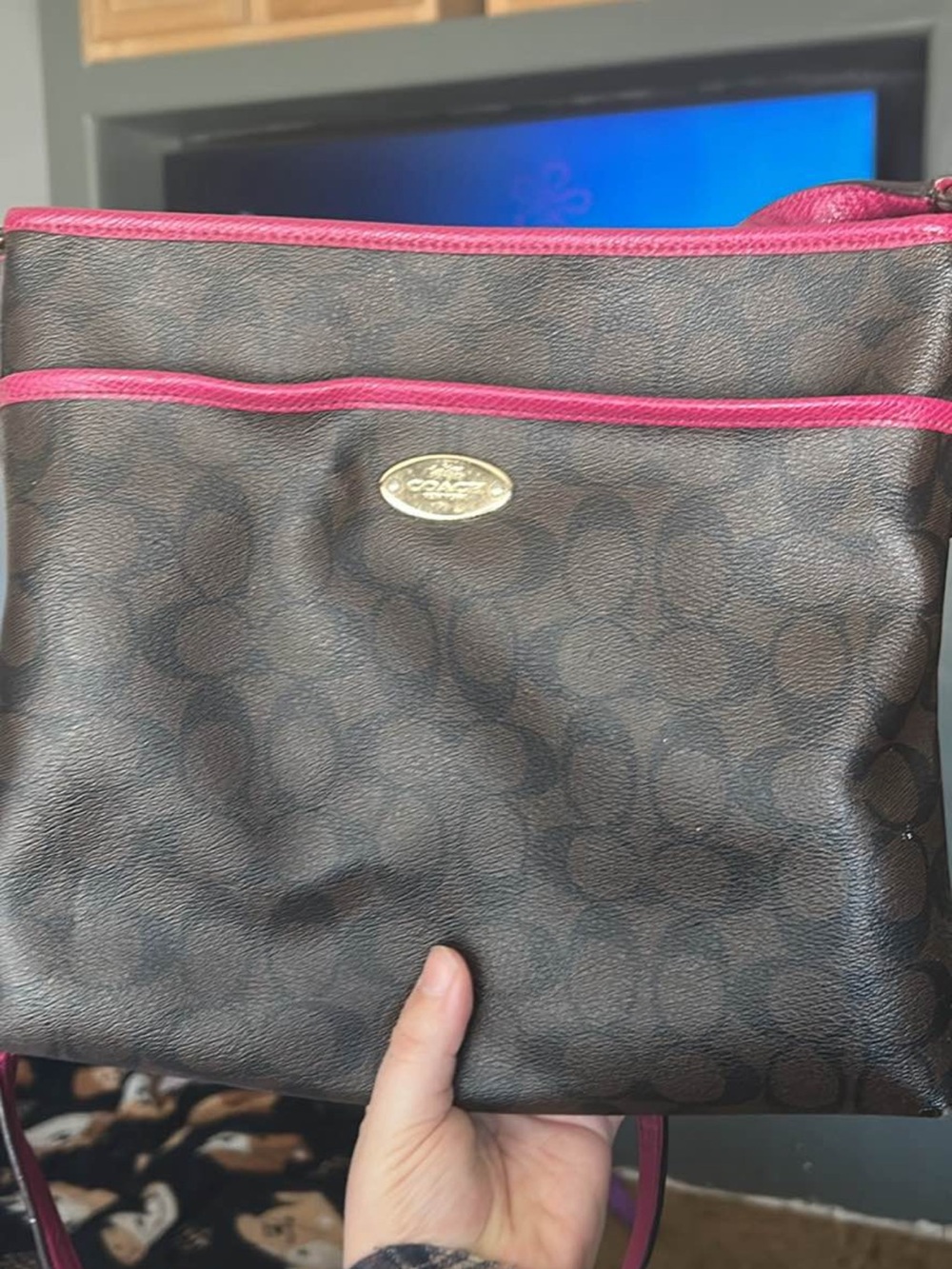 Coach Brown Signature Canvas Crossbody with Pink Trim - Picture 4 of 5